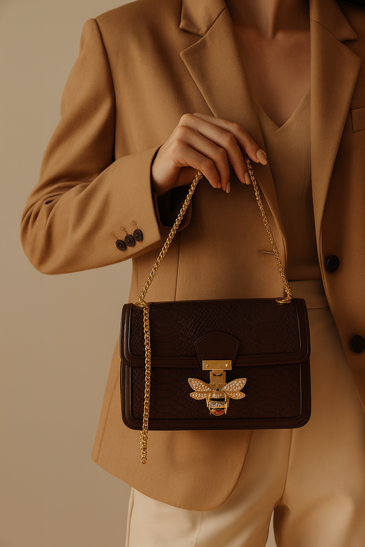 Bela | Elegantna torbica sa zlatnom pčelom